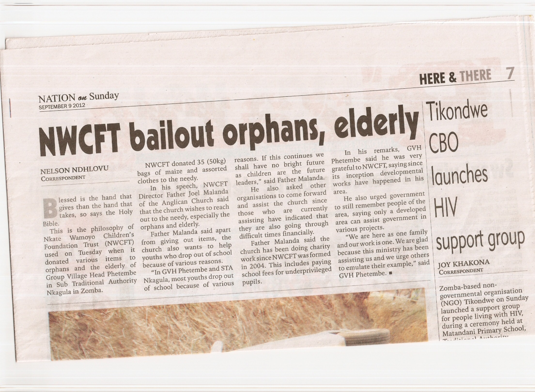 A cutting from the 'Nation on Sunday' Malawian newspaper.
